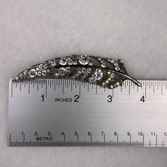 Elegant Unknown Womens Silver Tone Crystal Feather Hair Clip Barrette - Picture 3 of 3
